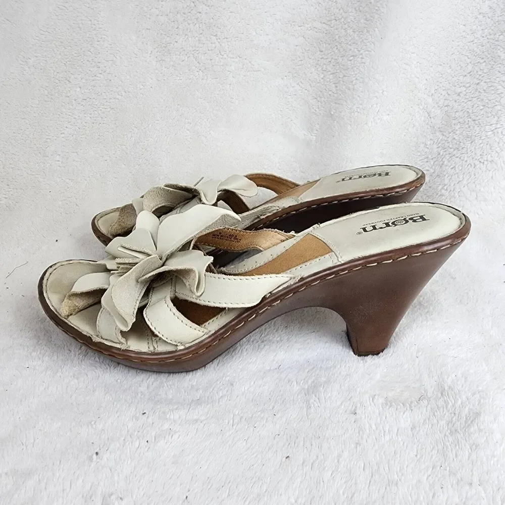 Born Womens Beige Leather Flower Heel Strappy Leather Sandal Size Us 9 Eu 40